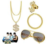 Ensemble Hip Hop des années 80 et 90 - Collier chaîne en or 4 pièces, bague signe dollar nuances punk | Accessoires de Costume de Rap rétro pour hommes et femmes, fête, Festival, Cosplayame est un