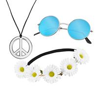 Ensemble hippie 3 pièces avec bandeau à fleurs | chaîne signe de paix | lunettes de soleil rondes en nickel avec verres bleus