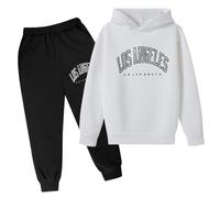 Ensemble Hiver Fille Lettre imprimée à Manches Longues Pull Capuche Sweat survêtement Pantalons de Unisexe 2 PC Courts Et Haut Pièce sans(Blanc,160)