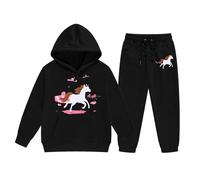 Ensemble Hiver Fille Style Ranch avec Sweat-Shirt Capuche et Pantalon Jogging à Motif Cheval animé Confortable et Tendance (Black, 12-13 Years)