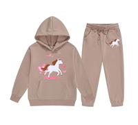 Ensemble Hiver Fille Style Ranch avec Sweat-Shirt Capuche et Pantalon Jogging à Motif Cheval animé Confortable et Tendance (Khaki, 12-13 Years)