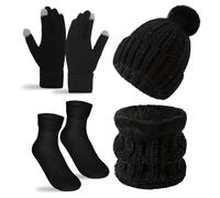 Ensemble Hiver Polaire Bonnet Tricoté Gants Chaussettes Neige Bonnet Tricoté Avec Pompon Rose Bordure Fourrure Renard, Cache-Cou Pour Plus Chaleur (BLACK)