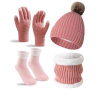Ensemble Hiver Polaire Bonnet Tricoté Gants Chaussettes Neige Bonnet Tricoté Avec Pompon Rose Bordure Fourrure Renard, Cache-Cou Pour Plus Chaleur (PINK 2)
