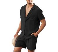 Ensemble Homme 2 Pices,Chemises Manches Courtes 2 Pièces Ensemble T-Shirt et shorts Set Homme Linen Sets-Noir M