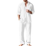 Ensemble Homme 2 Pièces Col V Sexy avec Chemise Lin Manches Mi-Longues et Pantalon Taille Elastique de Pyjama Ensemble Homme Chic avec Chemisette Grande Taille et Pantalon Décontracté Survetement