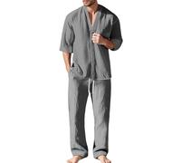 Ensemble Homme 2 Pièces Col V Sexy avec Chemise Lin Manches Mi-Longues et Pantalon Taille Elastique de Pyjama Ensemble Homme Chic avec Chemisette Grande Taille et Pantalon Décontracté Survetement