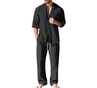 Ensemble Homme 2 Pièces Col V Sexy avec Chemise Lin Manches Mi-Longues et Pantalon Taille Elastique de Pyjama Ensemble Homme Chic avec Chemisette Grande Taille et Pantalon Décontracté Survetement