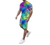 Ensemble Homme Short T-Shirt Avec Technique De Teinture Par Nouage Tie And Dye Col Rond Manches Courtes Et Short Elastique Avec Cordon Tenue De Vacances Decontractee Et Tendance Style Hippie Chic