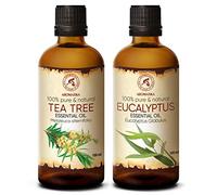 Ensemble Huiles Essentielles Aromathérapie 2x100ml - Pure et Naturelle - HE Eucalyptus - HE Tea Tree - Huile pour Diffuseurs - Visage - Ongles et les Soins de la Peau Huile - Sauna