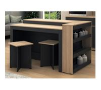 Ensemble îlot central de cuisine + 2 tabourets - Noir et naturel clair - NUSICE