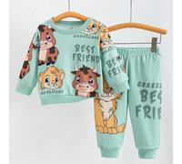 Ensemble imprimé lion & rhinocéros pour bébés/tout-petits garçons, vert menthe, automne, mignon, assorti en famille, confortable, placement asymétrique, tenues d'automne et d'hiver 6-9M,9-12M,12-18M,1