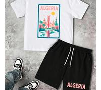 Ensemble imprimé ville algérien, ensemble décontracté pour hommes, ensemble décontracté à manches courtes et short à cordon de serrage, tenue d'été L,M,S,XL,XXLgraphique,LettresTissu tricoté
