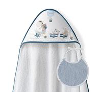 Ensemble Interbaby: Cape de bain Bébé a capuche avec bavoir -Girafe Veló - blanc et pétrole