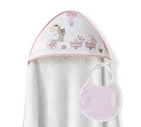 Ensemble Interbaby: Cape de bain Bébé a capuche avec bavoir -Girafe Veló - blanc et rose