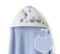 Ensemble Interbaby: Cape de bain Bébé a capuche avec bavoir -Girafe Veló - bleu