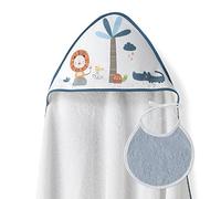Ensemble Interbaby: Cape de bain Bébé a capuche avec bavoir - Lion Palmier - blanc et pétrole