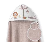 Ensemble Interbaby: Cape de bain Bébé a capuche avec bavoir - Lion Palmier - rose maquillage