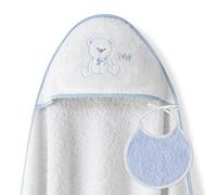 Ensemble Interbaby: Cape de bain Bébé a capuche avec bavoir - Ours Lien - blanc et bleu