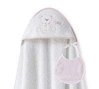 Ensemble Interbaby: Cape de bain Bébé a capuche avec bavoir - Ours Lien - blanc et rose