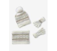 Ensemble jacquard fille bonnet + snood + moufles/gants écru 4/6A