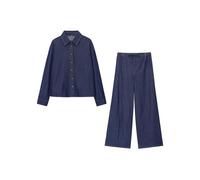 Ensemble jean pour femme - Couleur unie - Chemise à manches longues - Veste et pantalon décontracté, bleu marine, XS