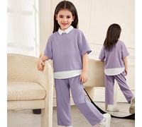 Ensemble jeune fille décontracté élégant composé d'une chemise col ample à manches courtes avec blocs de couleurs texturés et d'un pantalon droit 6Y,7Y,4Y,5YBlocs de couleurÉtoffe