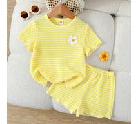 Ensemble jeune fille top ample à rayures texturées jaunes avec fleurs 3D dopamine et shorts décontractés 6Y,7Y,4Y,5YRayéPolyester