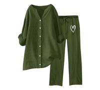 Ensemble Jogging Femme Lin Ete Deux Pièces Grande Taille Chemise Manches Longues Col V Avec Bouton Et Pantalon De Sport En Coton Pour Tenue D 'intérieur Chic Elegant Vetement Sportswear armée verte XL