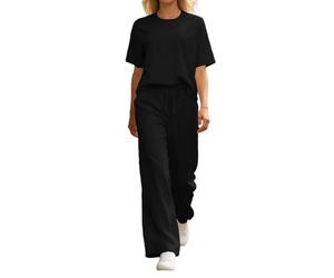Ensemble Jogging Femme Stylé Haut DéContracté à Manches Courtes Et Pantalon Large Une Tenue De Tous Les Jours Coupe Ample Et Confortable Couleur Unie Deux PièCes