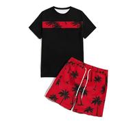 Ensemble Jogging Homme Short D'été Tendance À Manches Courtes Imprimé Numérique Tenue Décontractée Confortable Respirante Pour Homme Survêtement Sportswear Loisir Quotidien (Red, S)
