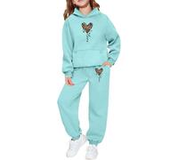 Ensemble jogging polaire fille avec capuche, imprimé léopard et cœur, tenue décontractée chaude pour enfant, idéal pour jeux quotidiens et sorties, avec poches pratiques (Mint Green, 6-7 Years)
