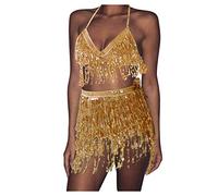 Ensemble jupe à paillettes pour femme avec jupe et gilet 2026, doré, Taille unique