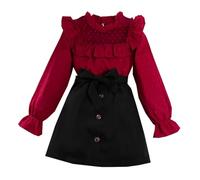 Ensemble jupe et haut pour filles : haut à manches longues et col à volants suisses à pois rouges et jupe noire - Robe de fête parfaite pour filles de 7 à 12 ans, vêtements et tenues idéales pour