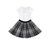 Ensemble Jupe Plissée Tartan + T-shirt London Gris Anthracite Blanc 5/6A