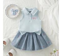 Ensemble jupe polo pour jeunes filles, nouveauté été, style mignon et doux, maille côtelée blanche sans manches 6Y,7Y,4Y,5YRayéJean,Tissu tricoté