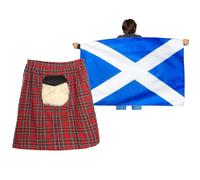 Ensemble kilt écossais et drapeau écossais - Kilt tartan rouge et cape de drapeau écossais - Ensemble d'accessoires de déguisement pour supporter de football de St Andrews Burns Night Scotland