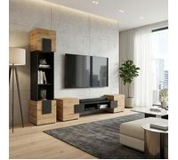 Komodee Ensemble de Meubles Torino, Noir, Chêne Wotan, Largeur 220 cm x Hauteur 172 cm x Profondeur 35 cm, pour Salon, Chambre.