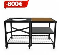 Ensemble LARGE DELUXE : Table modulaire + meuble extension (1 plateau inox + 1 plateau acacia + 1 plateau grille)