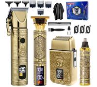 Ensemble LARGNER 4 en 1 : Tondeuse contour rasoir nez - Motif dragon doré écran numérique pour barbershop et soins personnels.