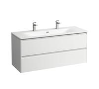 Ensemble Laufen PALACE Lavabo double, meuble sous-lavabo, 2 tiroirs, 2 trous, poignées aluminium 1200x545mm Blanc Brillant
