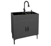 Ensemble Lavabo Autoportant Multi-Scènes, Armoire Lavabo Utilitaire pour Buanderie, Robinet Rétractable et Panier Drainage Rétractable, Lavabo Double en Acier Inoxydable,Noir,32in