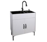 Ensemble Lavabo Autoportant Multi-Scènes, Armoire Lavabo Utilitaire pour Buanderie, Robinet Rétractable et Panier Drainage Rétractable, Lavabo Double en Acier Inoxydable,Blanc,30in
