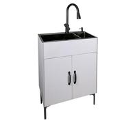Ensemble Lavabo Autoportant Multi-Scènes, Armoire Lavabo Utilitaire pour Buanderie, Robinet Rétractable et Panier Drainage Rétractable, Lavabo Double en Acier Inoxydable,Blanc,24in