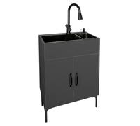 Ensemble Lavabo Autoportant Multi-Scènes, Armoire Lavabo Utilitaire pour Buanderie, Robinet Rétractable et Panier Drainage Rétractable, Lavabo Double en Acier Inoxydable,Noir,24in