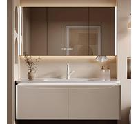 Ensemble lavabo de salle de bain en bois de 111,8 cm - Évier moderne avec miroir anti-buée à DEL, affichage de l'heure, coins arrondis et porte-mouchoirs, design sans poignée - Finition kaki