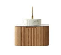 Ensemble lavabo de salle de bain flottant - Rond, plan de travail en pierre frittée - Bords arrondis - Bandes 3D - Avant avec tiroir à fermeture douce - Boîtier en contreplaqué (bac en céramique blanc