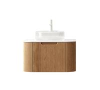 Ensemble lavabo de salle de bain flottant - Rond, plan de travail en pierre frittée - Bords arrondis - Bandes 3D - Avant à fermeture douce - Boîtier en contreplaqué (bac en verre rond transparent, 61