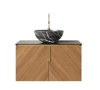 Ensemble lavabo de salle de bain monté au mur - Plan de travail - Contreplaqué - Meuble bas en chêne - Portes à fermeture douce et poignée en laiton (bol noir, lavabo en céramique avec motif pierre