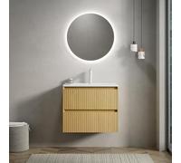 Ensemble lavabo de salle de bain mural, bac d'intégration rectangulaire en céramique, meuble bas en contreplaqué rayé, deux tiroirs, pré-montés, aspect grain de bois, guidage Soft-Close (naturel, 61