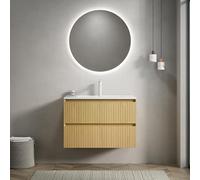 Ensemble lavabo de salle de bain mural, bac d'intégration rectangulaire en céramique, meuble bas en contreplaqué rayé, deux tiroirs, pré-montés, aspect grain de bois, guidage Soft-Close (naturel, 75